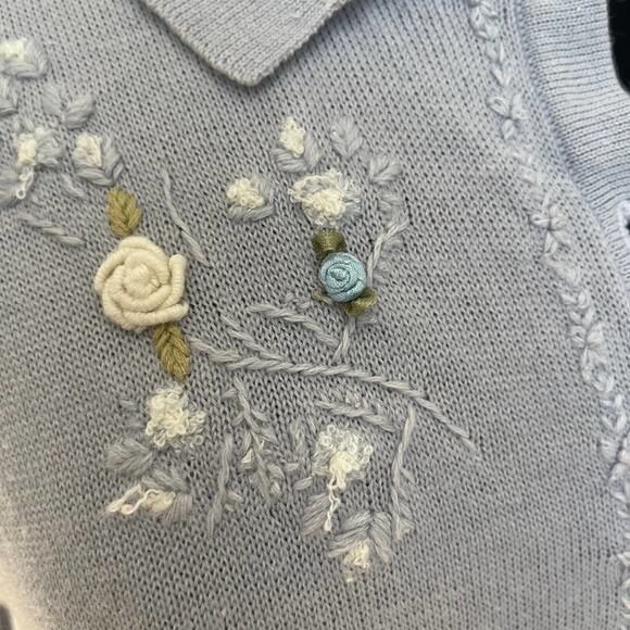 Vintage Stephanie Andrews Blue White Embroidered Cottagecore Cardigan Size Large - Picture 4 of 12